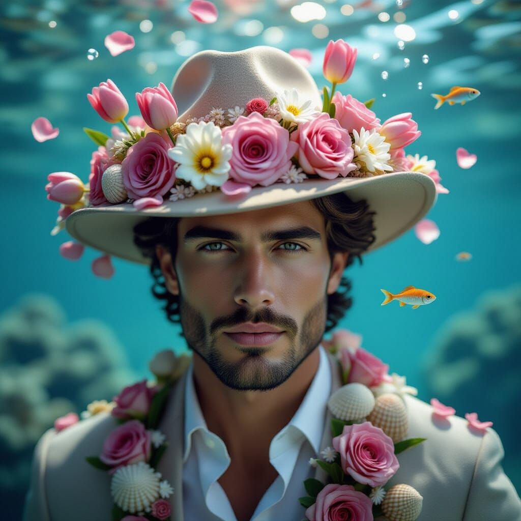 Man in Floral Fedora and Coral Hat
