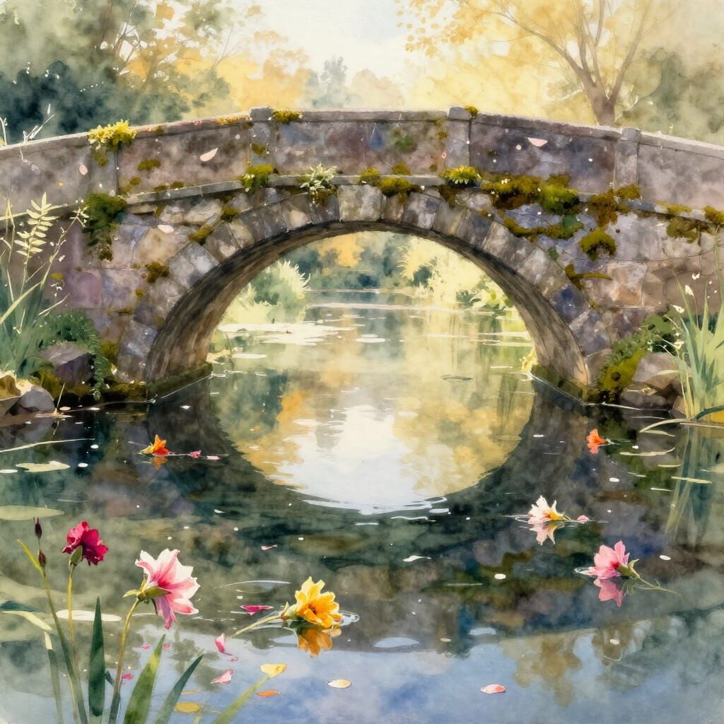 Mossy Stone Bridge Over Tranquil Pond at Sunrise