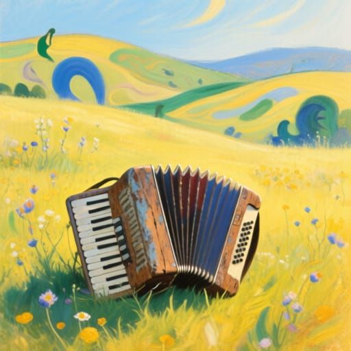 Sunlit Meadow with Accordion in Dreamlike Oil Painting Style