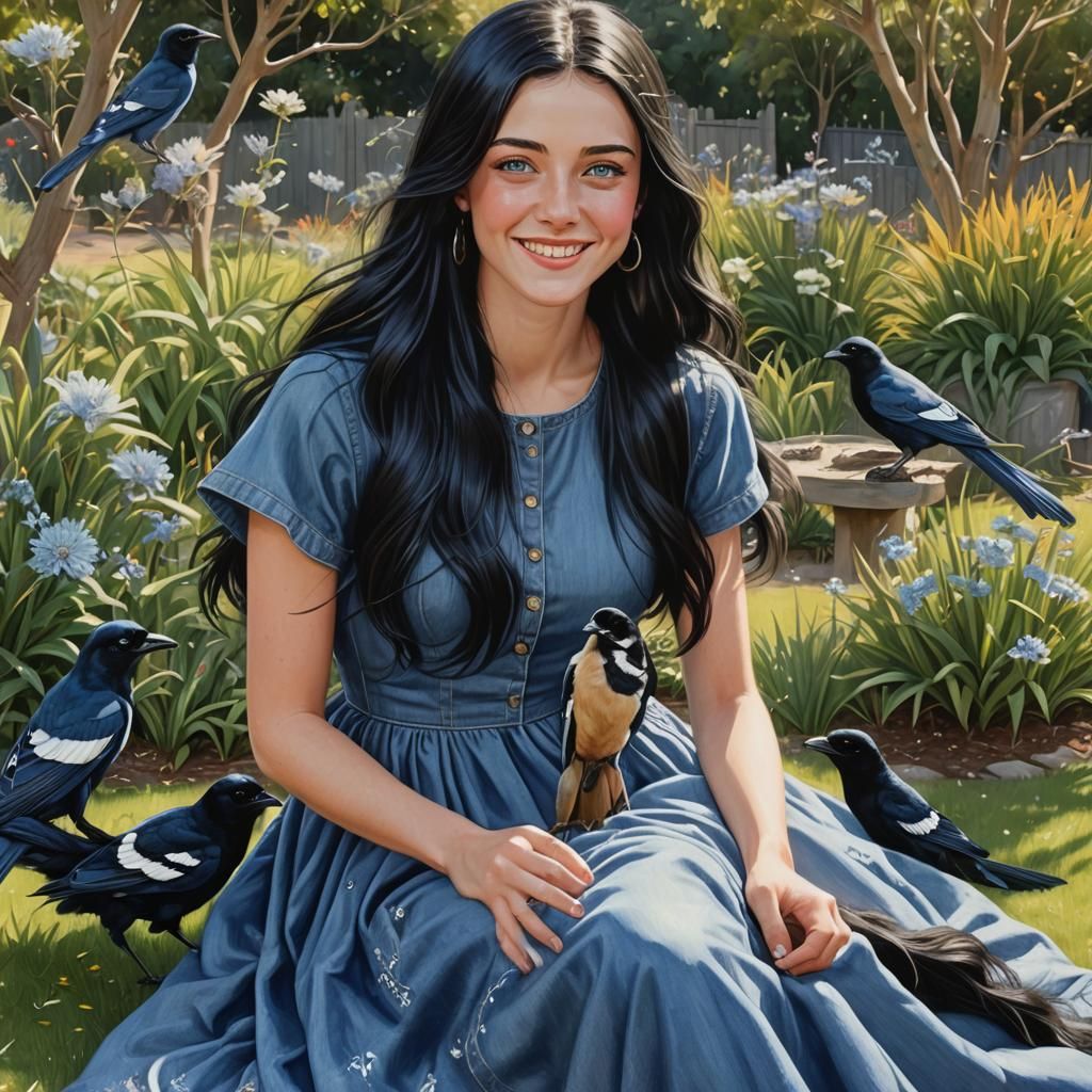 Girl in Magpie Garden: Hyperdetailed Digital Portrait