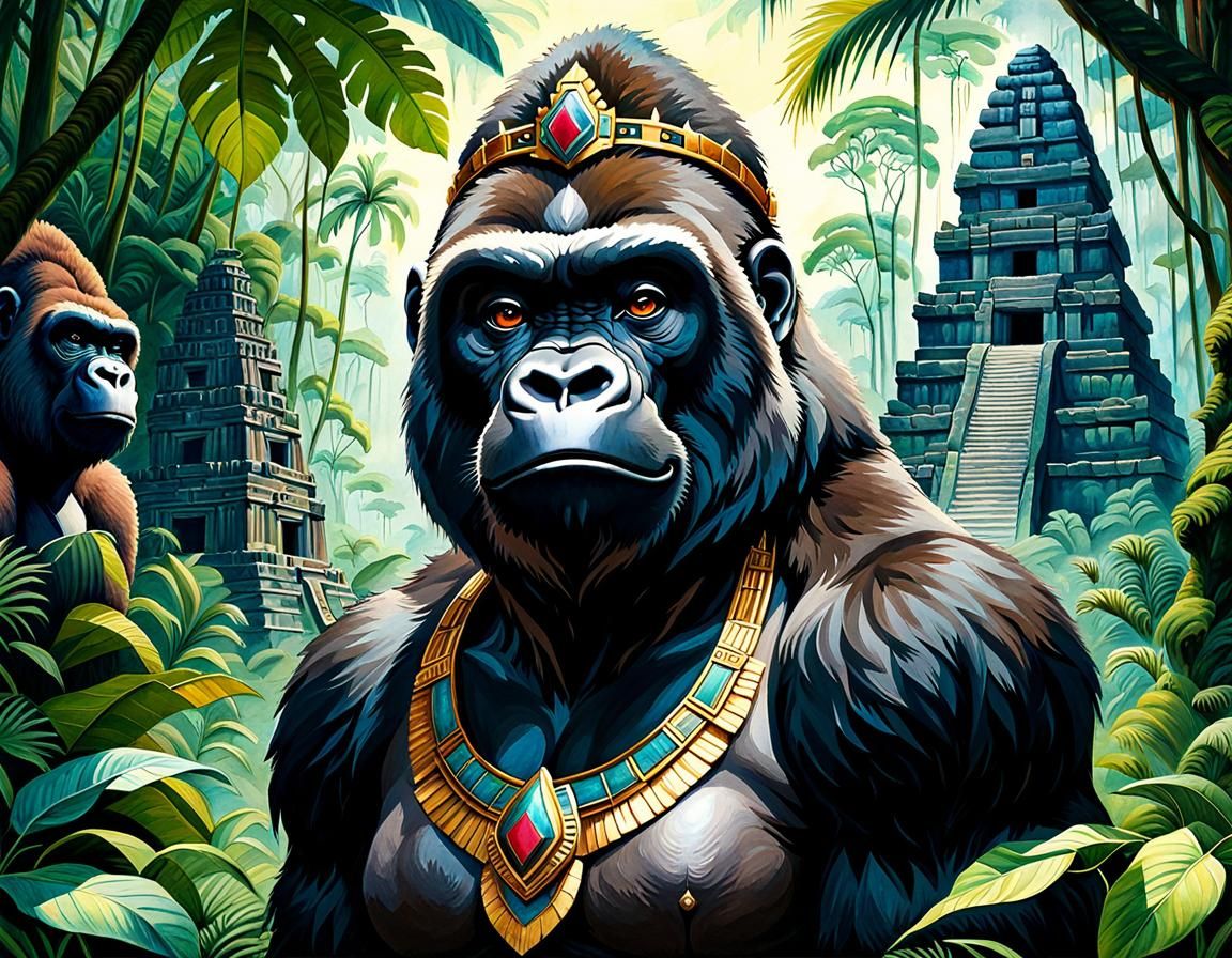 Majestic Gorilla Queen in Jungle, Mixed Media Painting