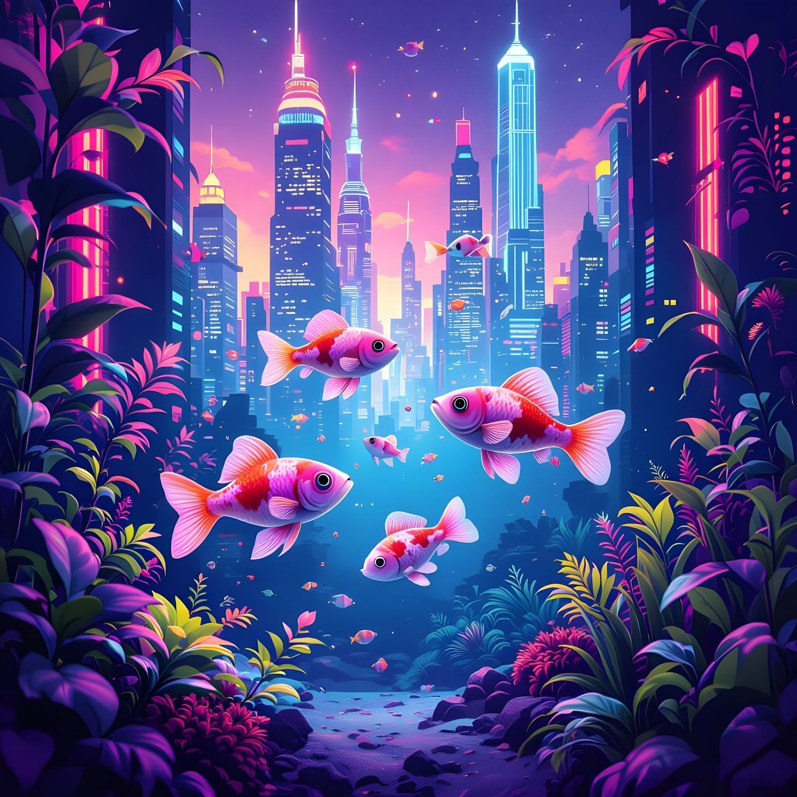 Ballon Mollies Swim in Neon Cityscape Tank