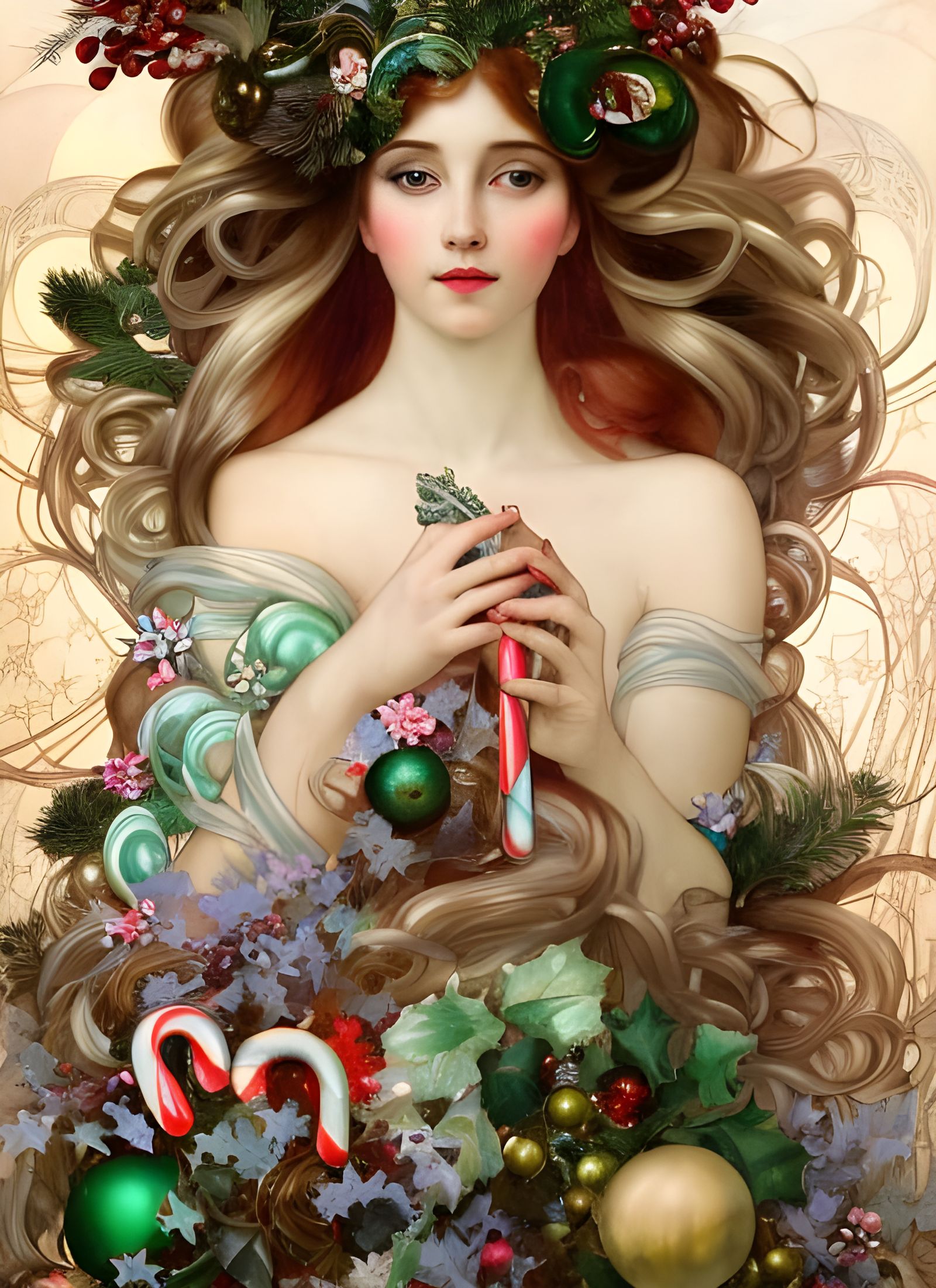 Candy Cane Christmas Queen in Art Nouveau Style