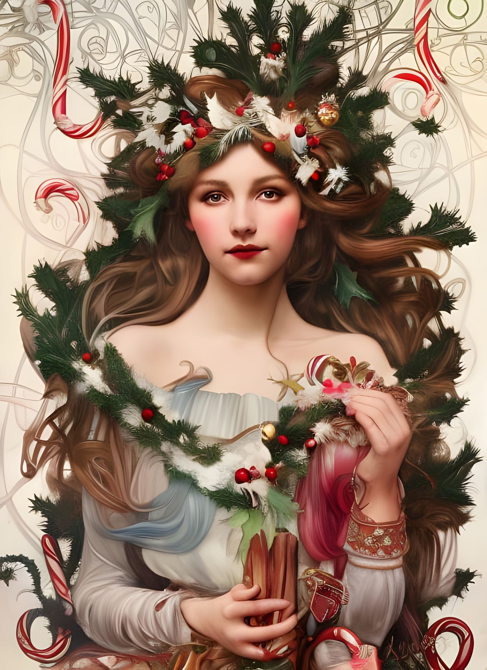 Candy Cane Christmas Queen in Art Nouveau Style