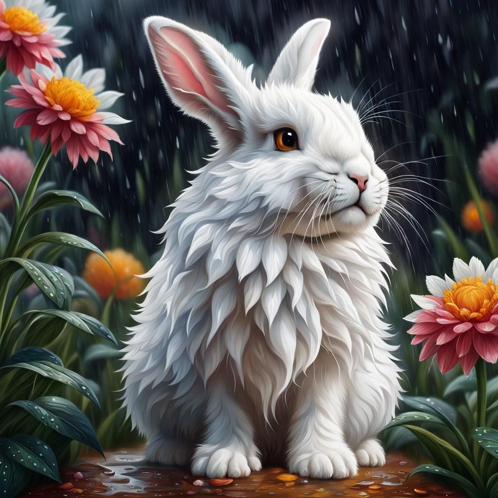 White rabbit in the rain
