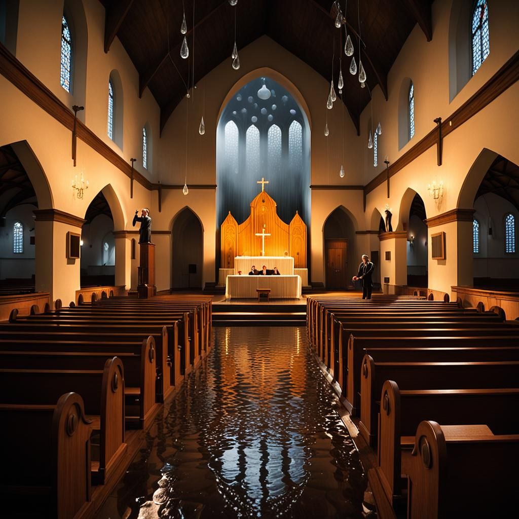 Surreal Church Play Rehearsal with Rain