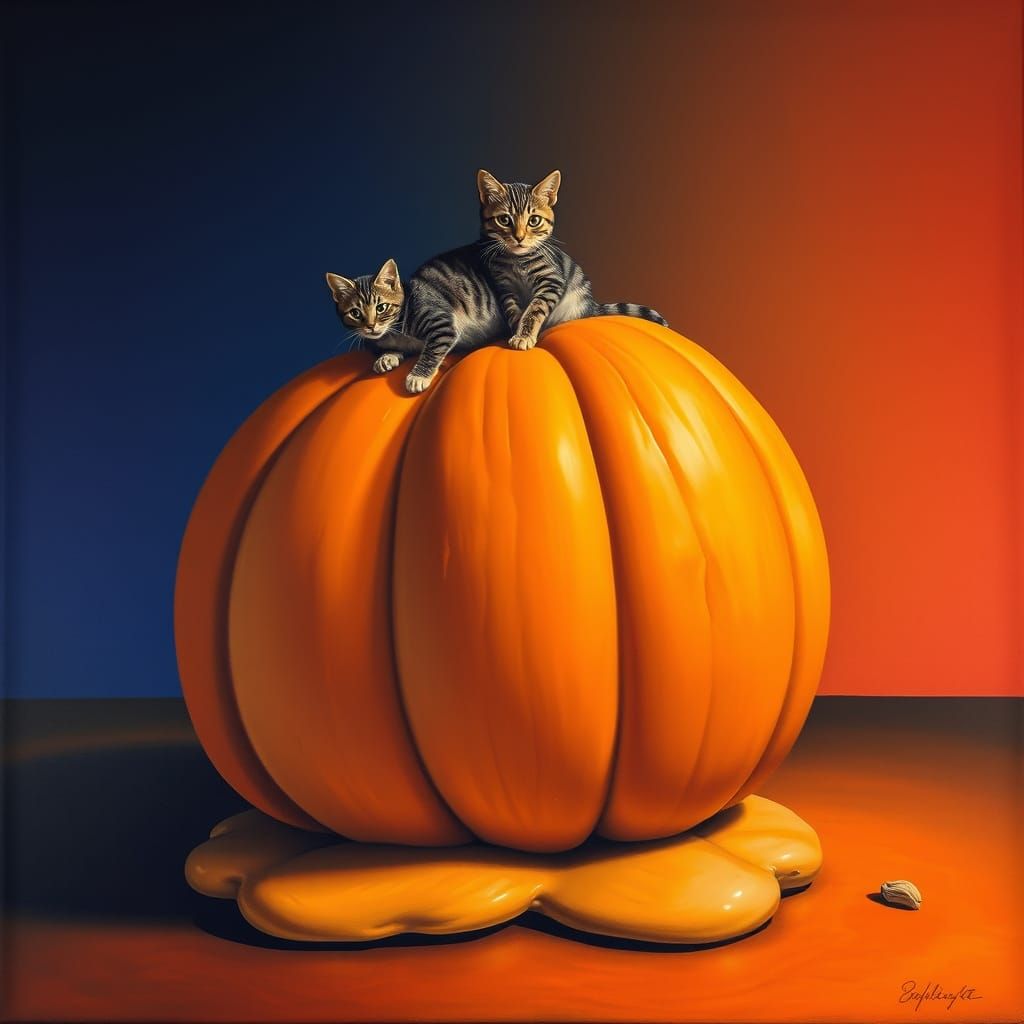 Surrealist Pumpkin and Cat Painting in Salvador Dalí Style