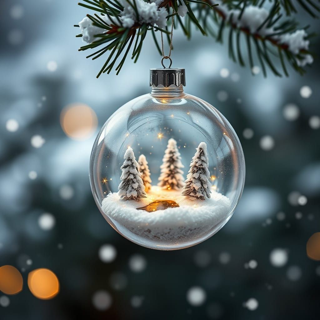 Surreal Christmas Scene in Sparkling Glass Ornament