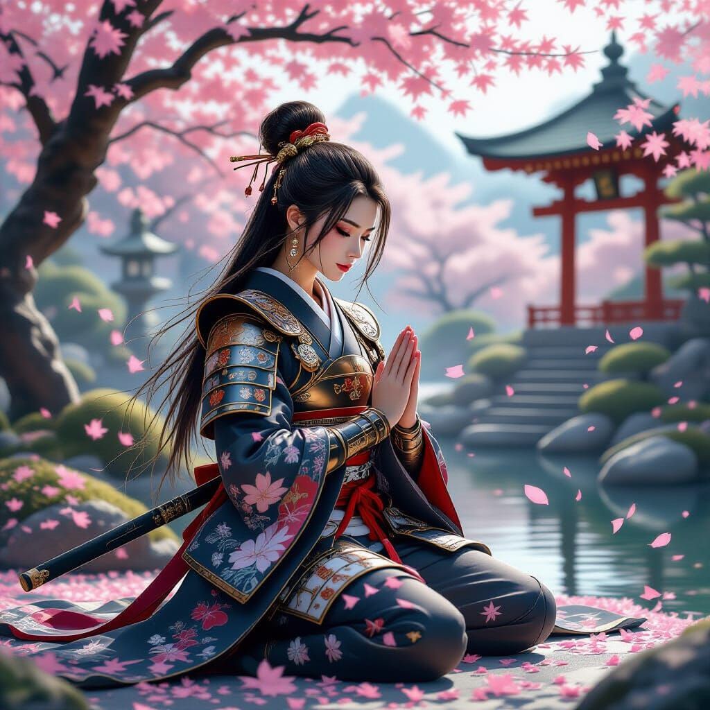 Samurai Woman Meditating Among Sakura Blossoms