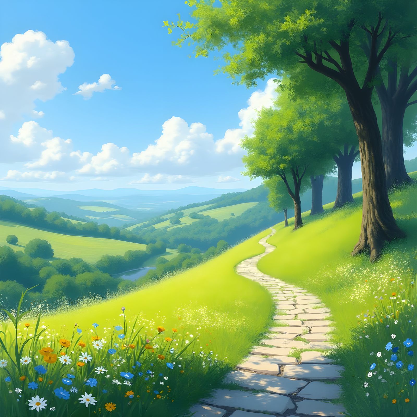 Serene Hillside Scene in Vibrant Colors