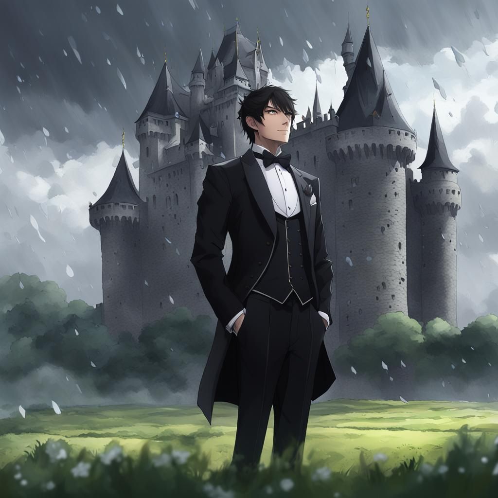 Man in Tuxedo Gazing at Castle: 3D Anime Art