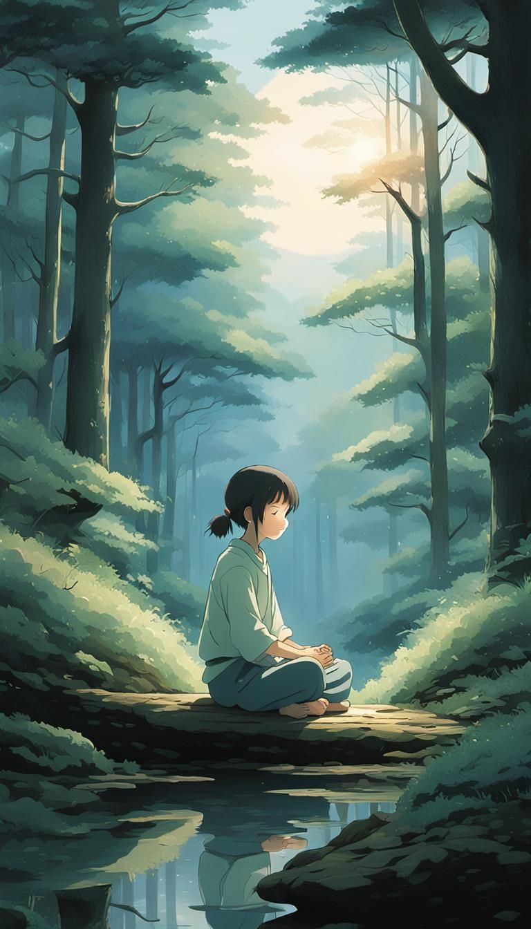Meditative Forest Scene in Studio Ghibli Style