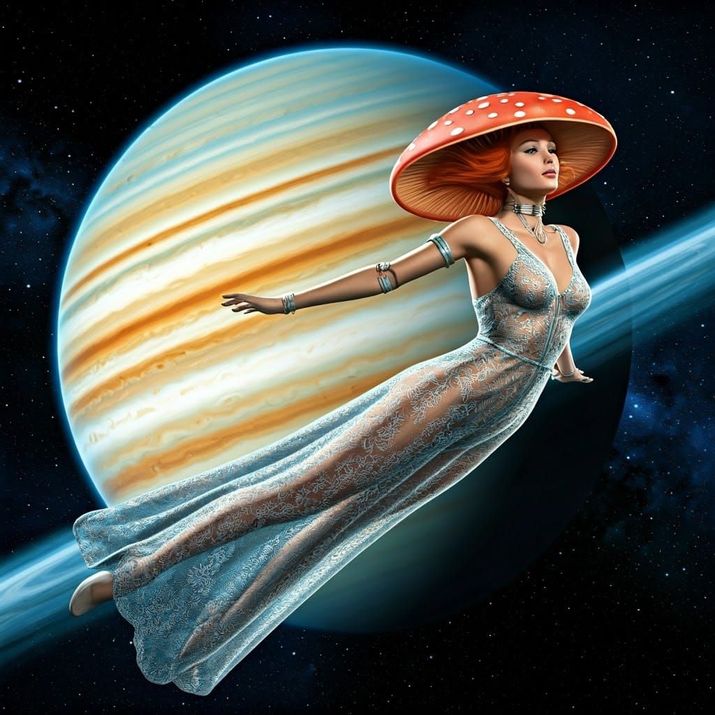 Cyborg Mushroom Girl Soaring in Space: Sci-Fi Art
