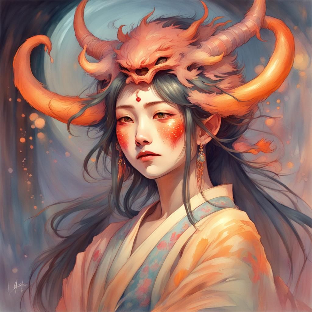 Happy Japanese Demon in Gouache and Watercolor Style