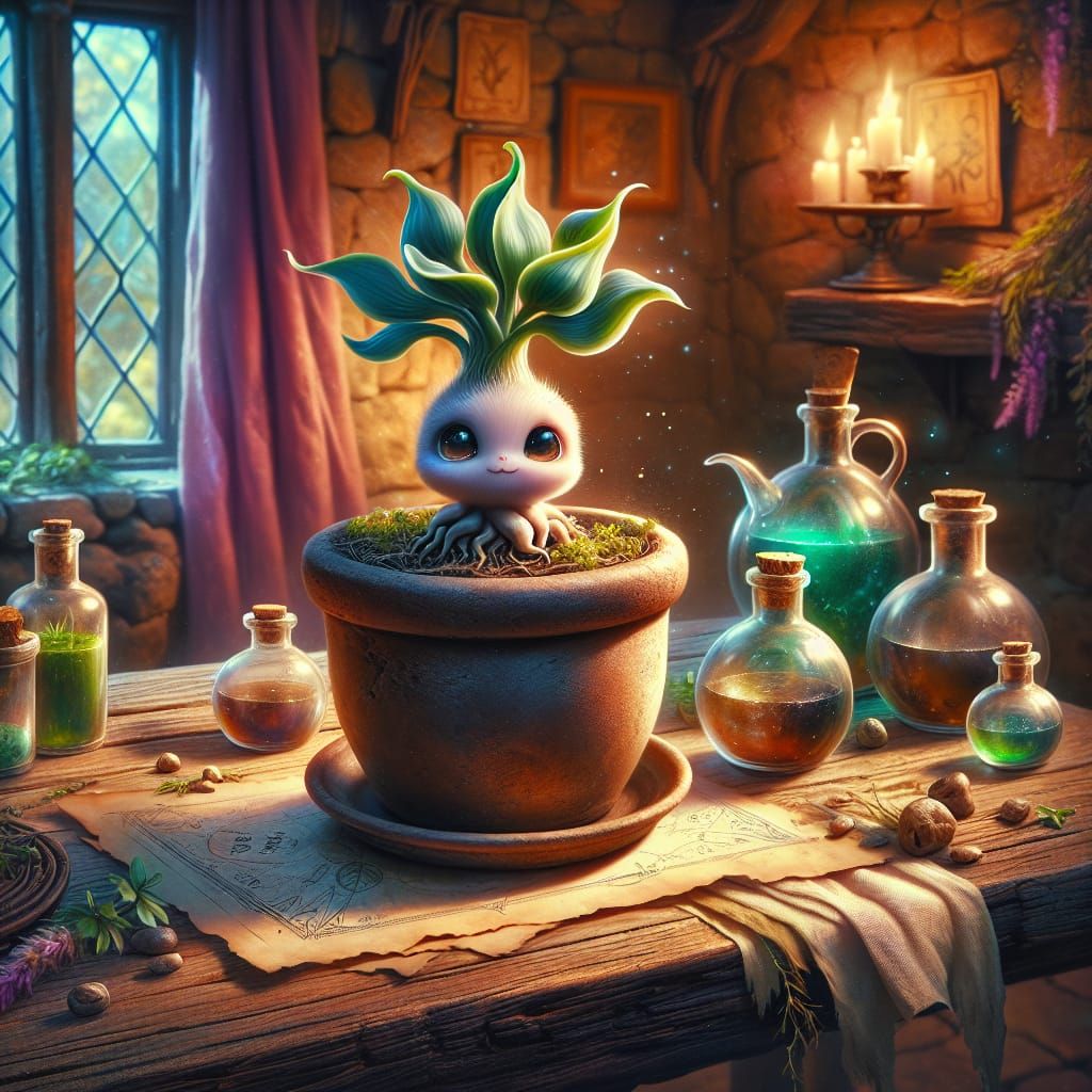 Cute Mandrake in Witch's Cottage: Fantasy Concept Art