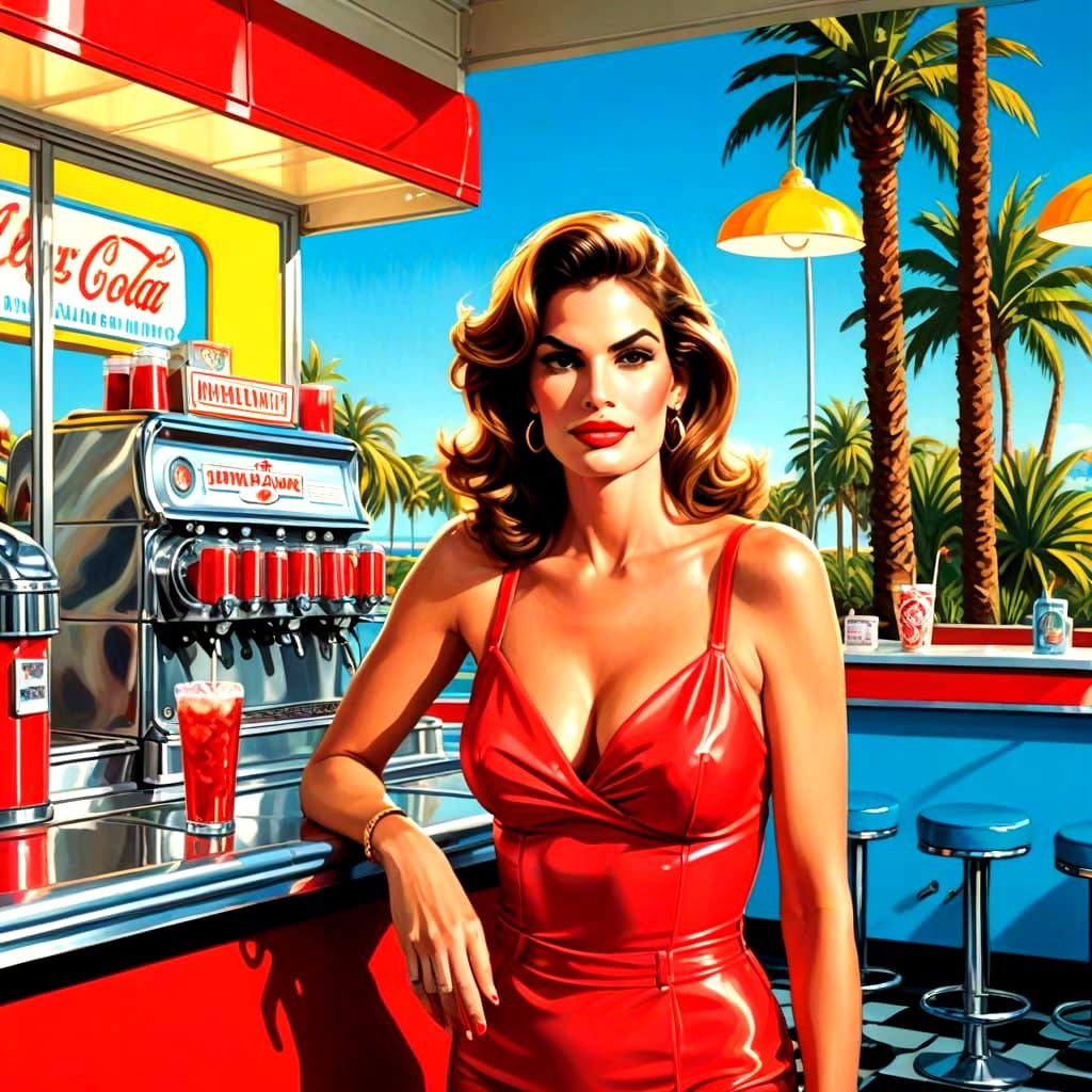 Confident Blonde Icon Stands at 50s-Style Soda Fountain