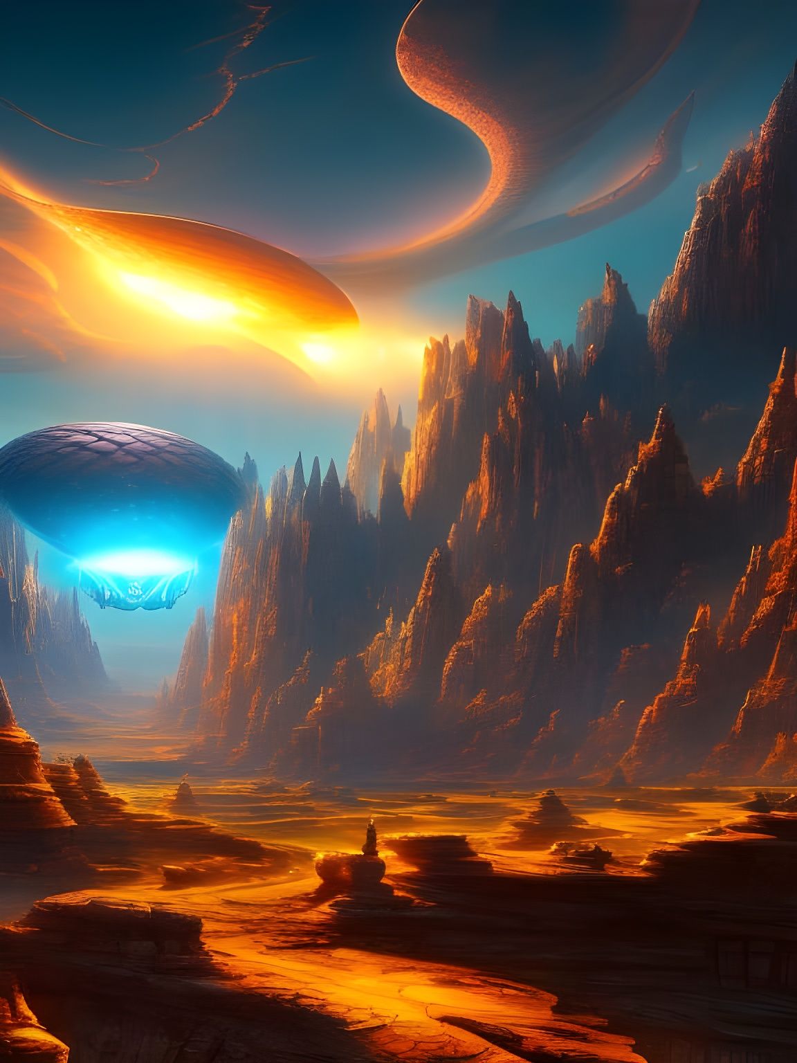 Sci-Fi UFO Abduction Over Midnight Desert Landscape