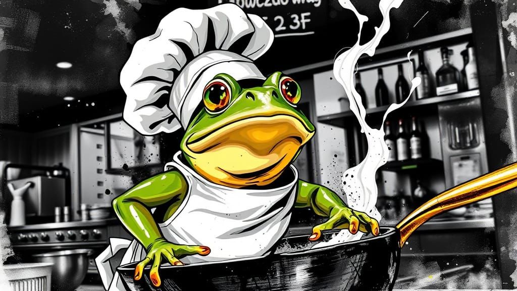 Surprised Frog Chef in Surreal Kitchen Scene