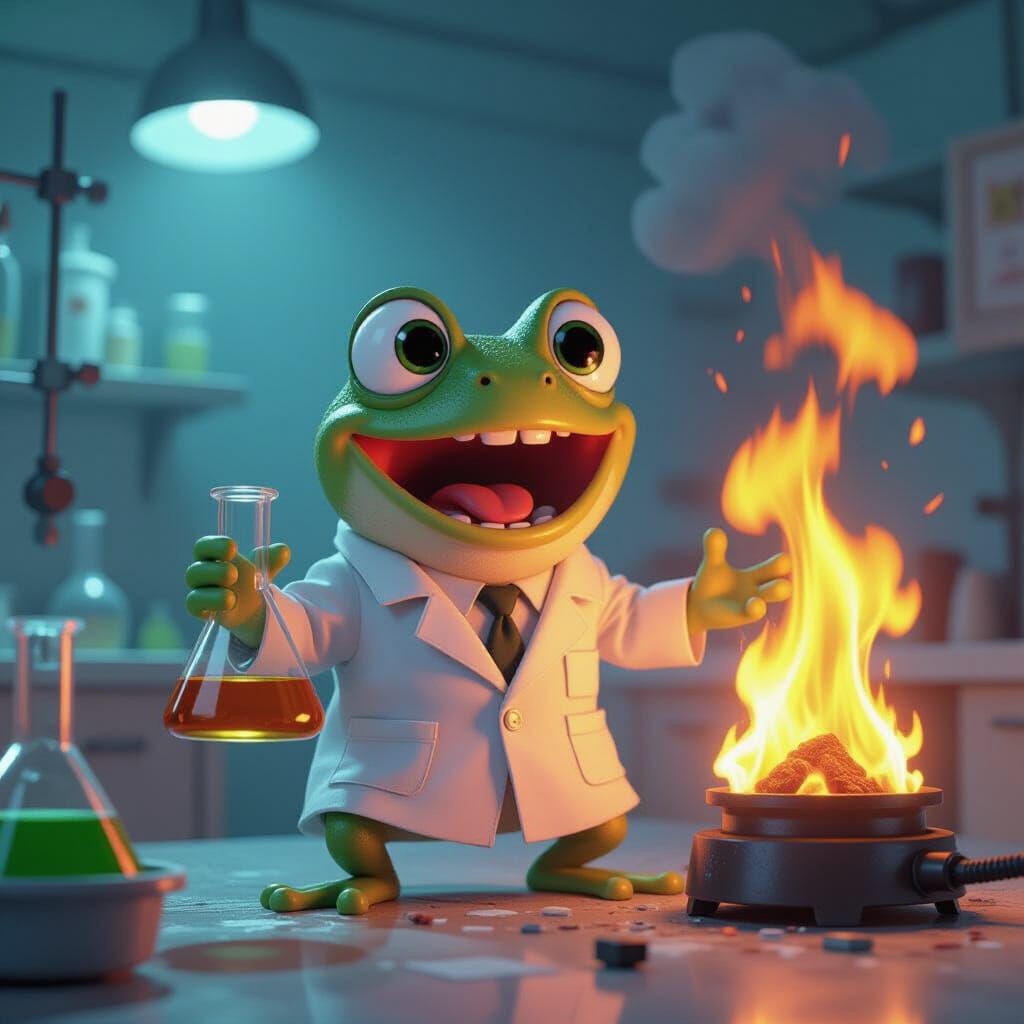 Frog Scientist in Exploding Lab, Pixar Style