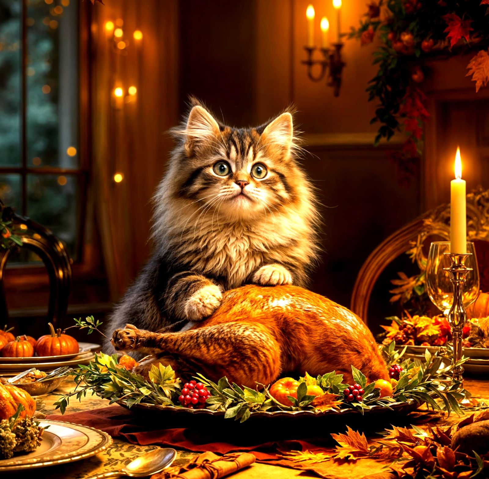 Thanksgiving Siberian Kitten in Detailed Oil Painting