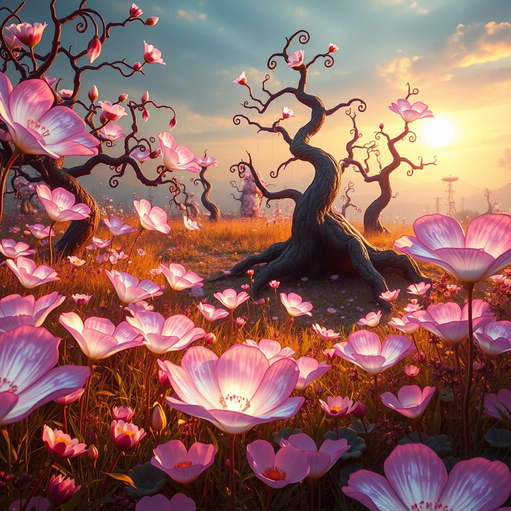 Enchanted Meadow with Luminous Flowers in Surreal Style
