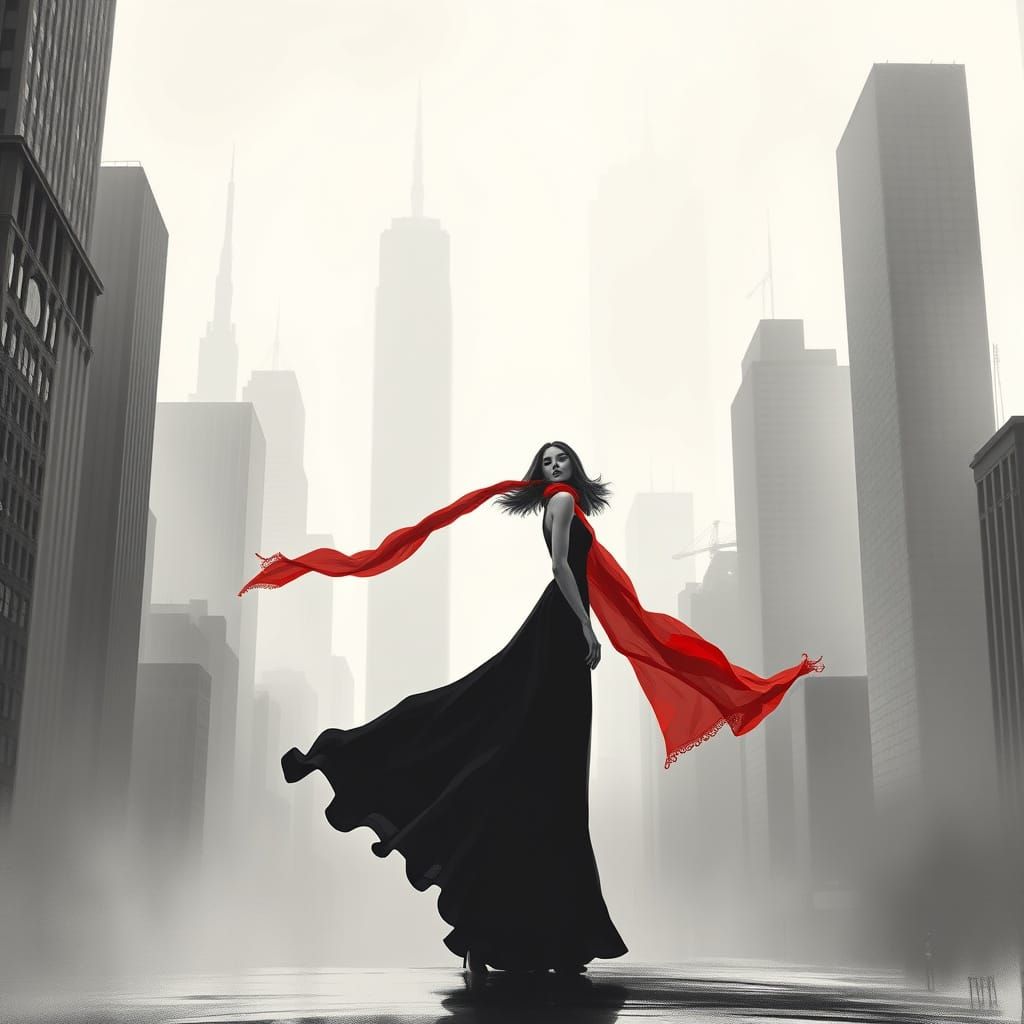 Elegant Woman in Monochrome Cityscape with Red Scarf