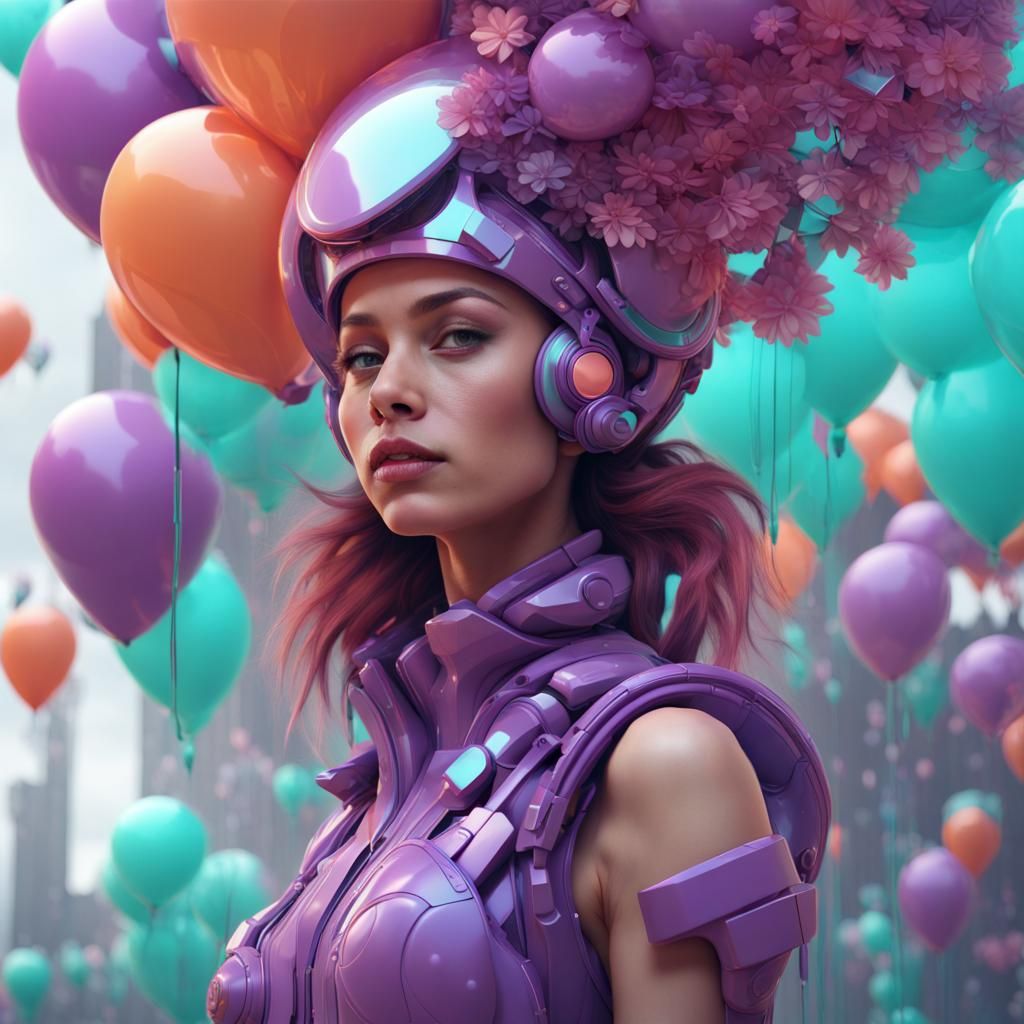 Girl with Balloons in Futuristic Plastic Style