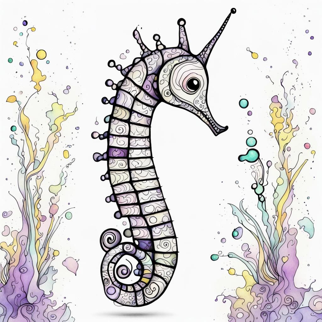 Elegant Seahorse Line Art in Pastel Watercolor