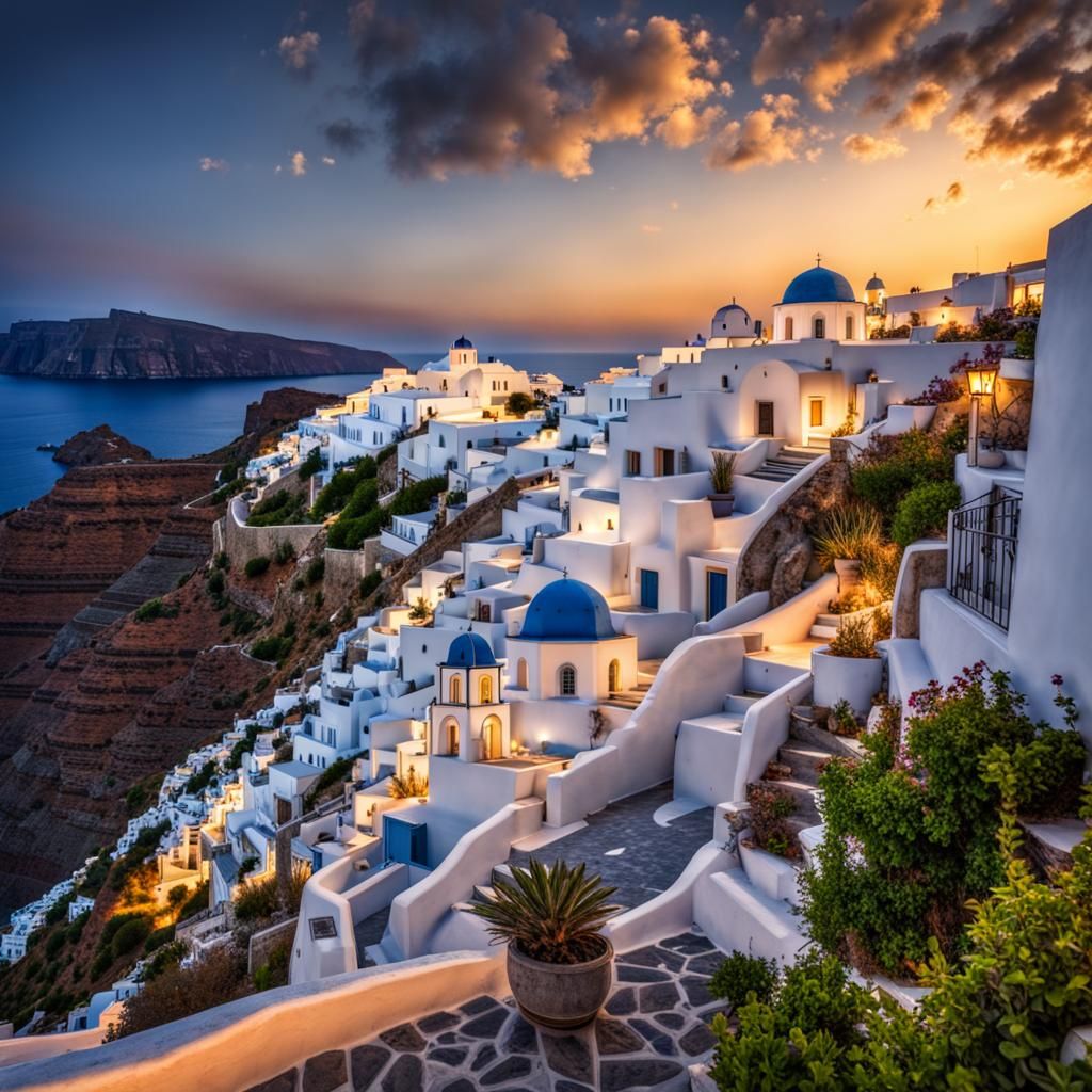 Santorini Sunset: Hyperrealistic Greek Island Scene