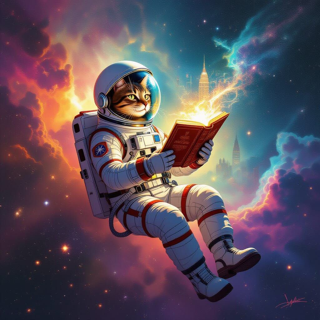 Astronaut Cat in Nebula Holding Ancient Book, 1960s Sci-Fi A...