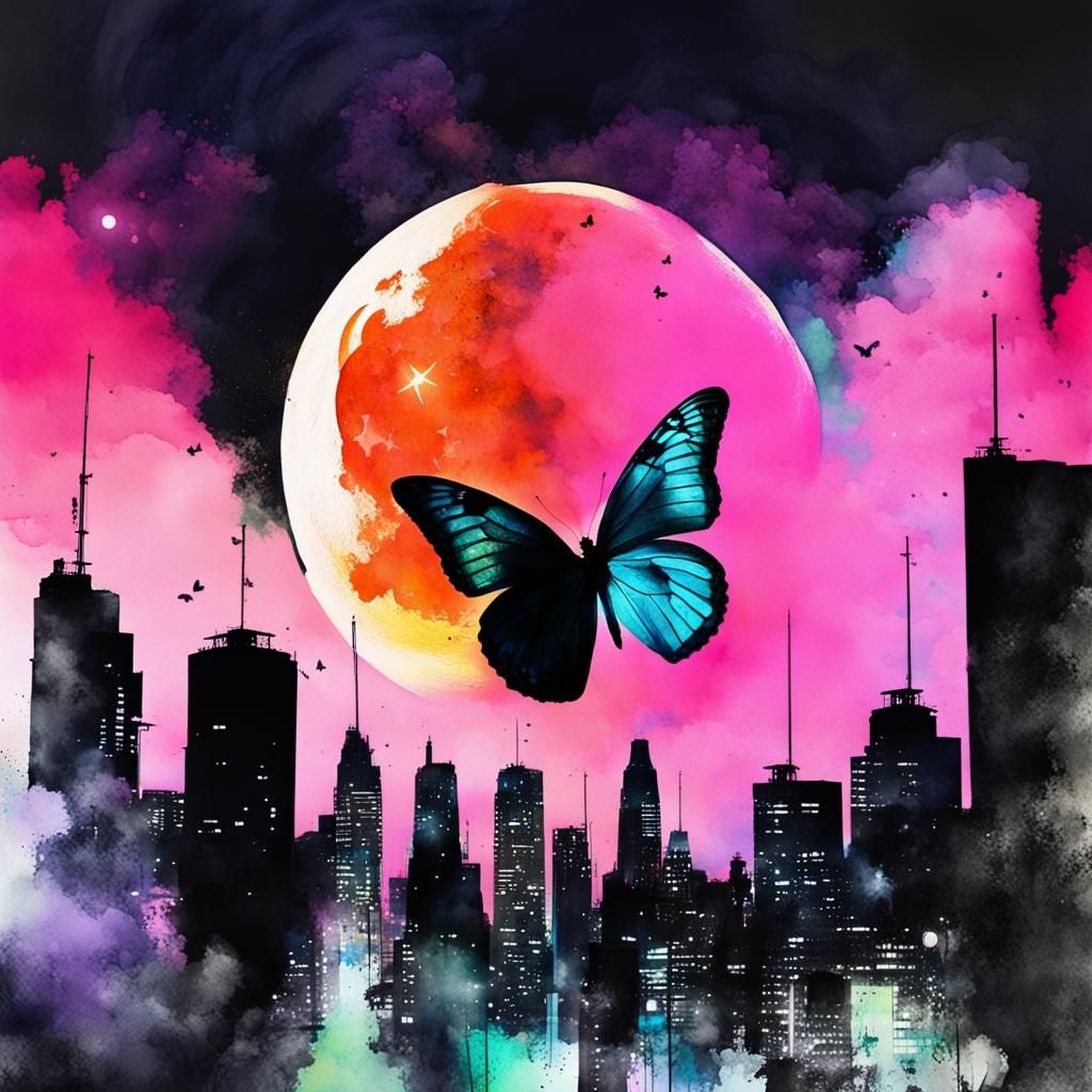 Neon Butterfly over City, Double Exposure Watercolor