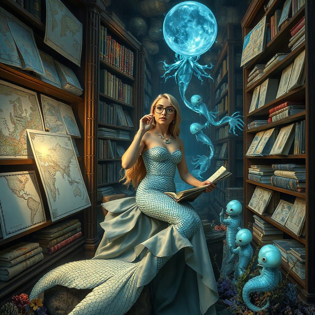 Mermaid Cartographer in Bioluminescent Library, Art Nouveau ...