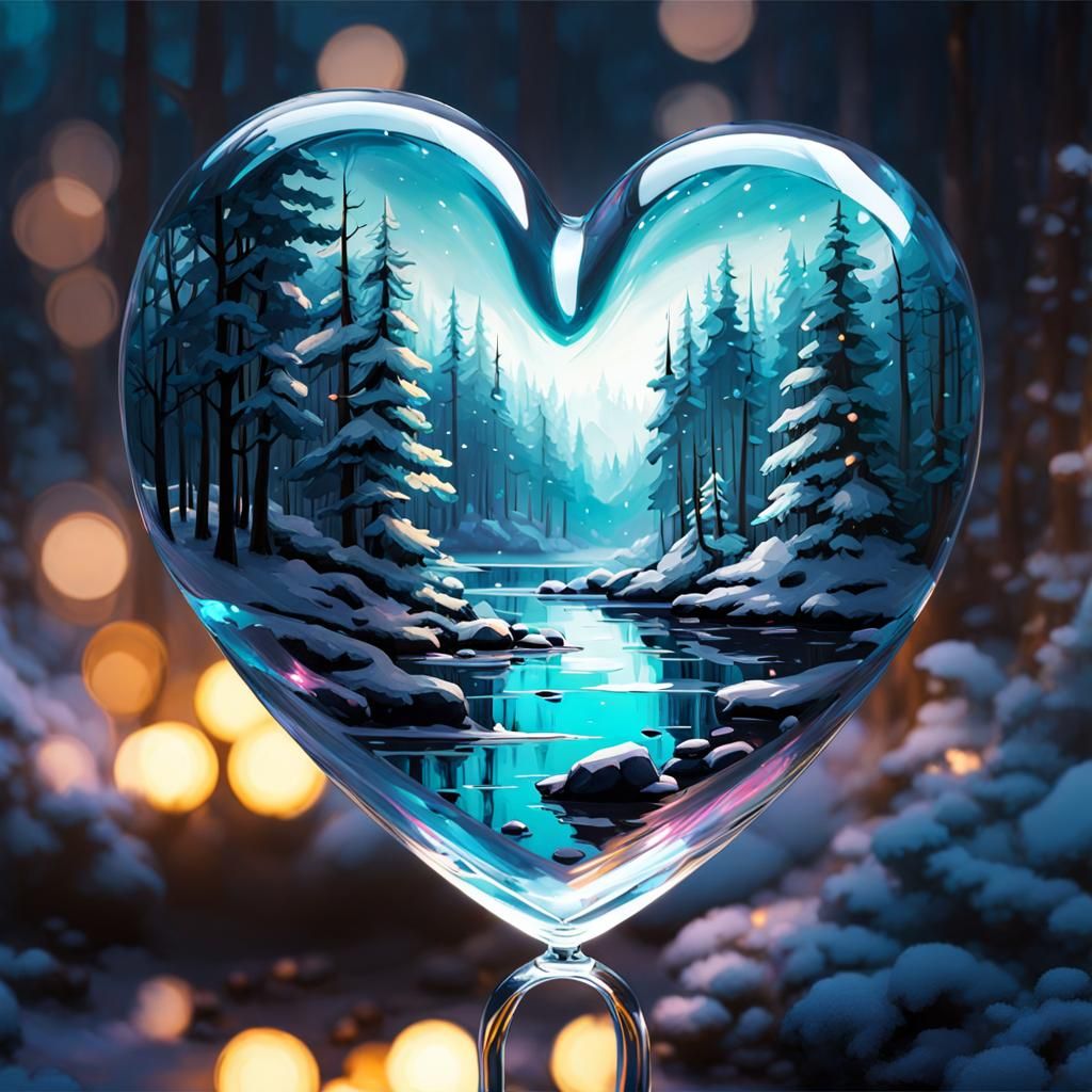 Glass Heart with White Forest: Watercolor Painting