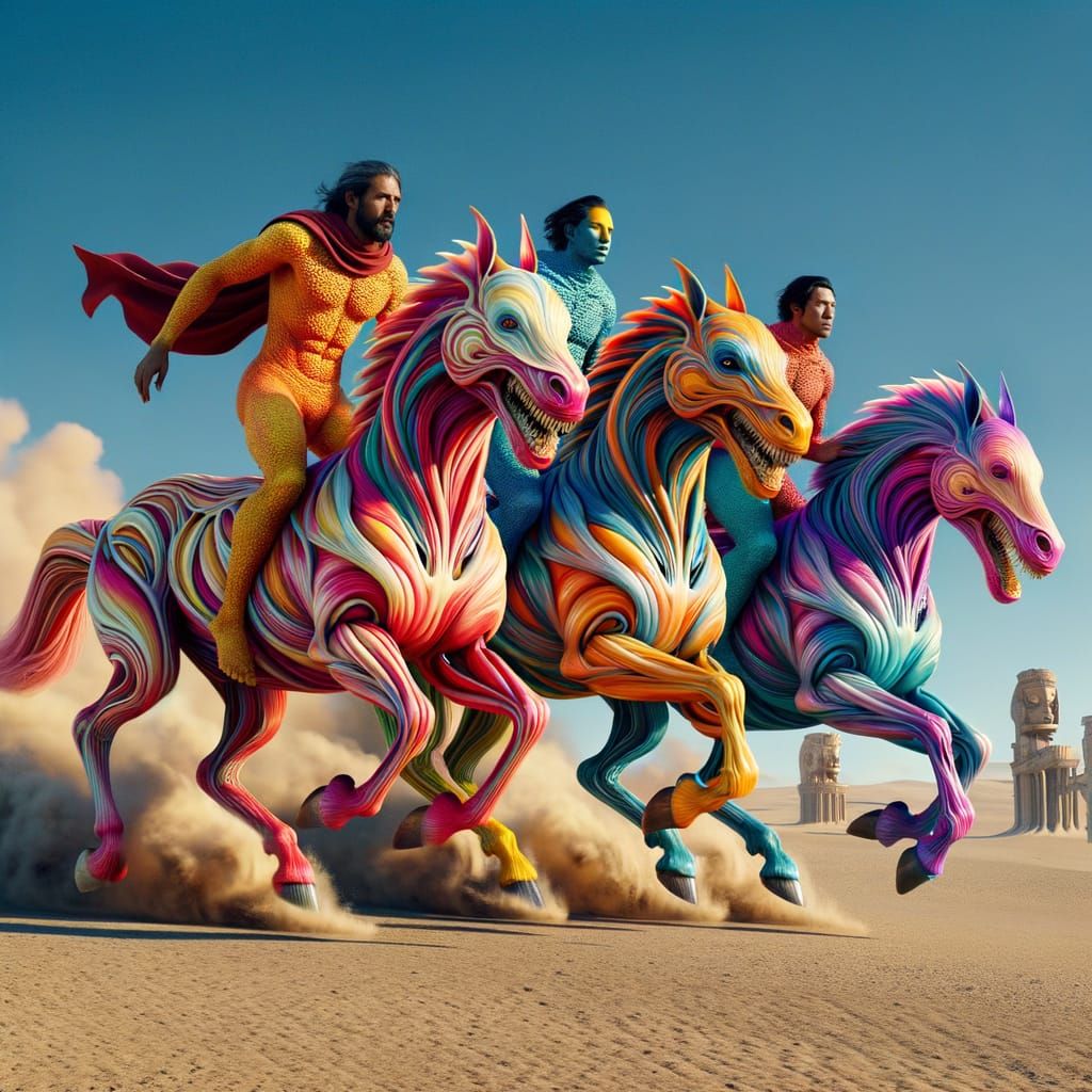 Men Ride Exaggerated Horse in Science-Fiction Desert