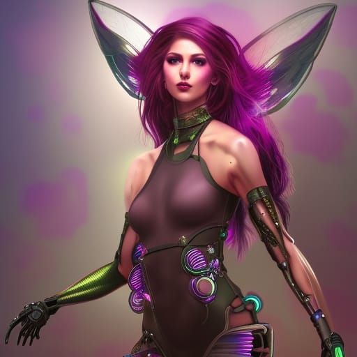 Cyberpunk Fairy with Neon Wings, Detailed Concept Art