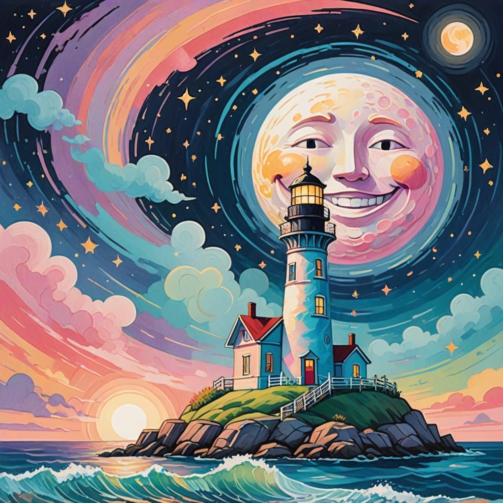 Happy Moon Over Pastel Lighthouse in Dry Brushing Style