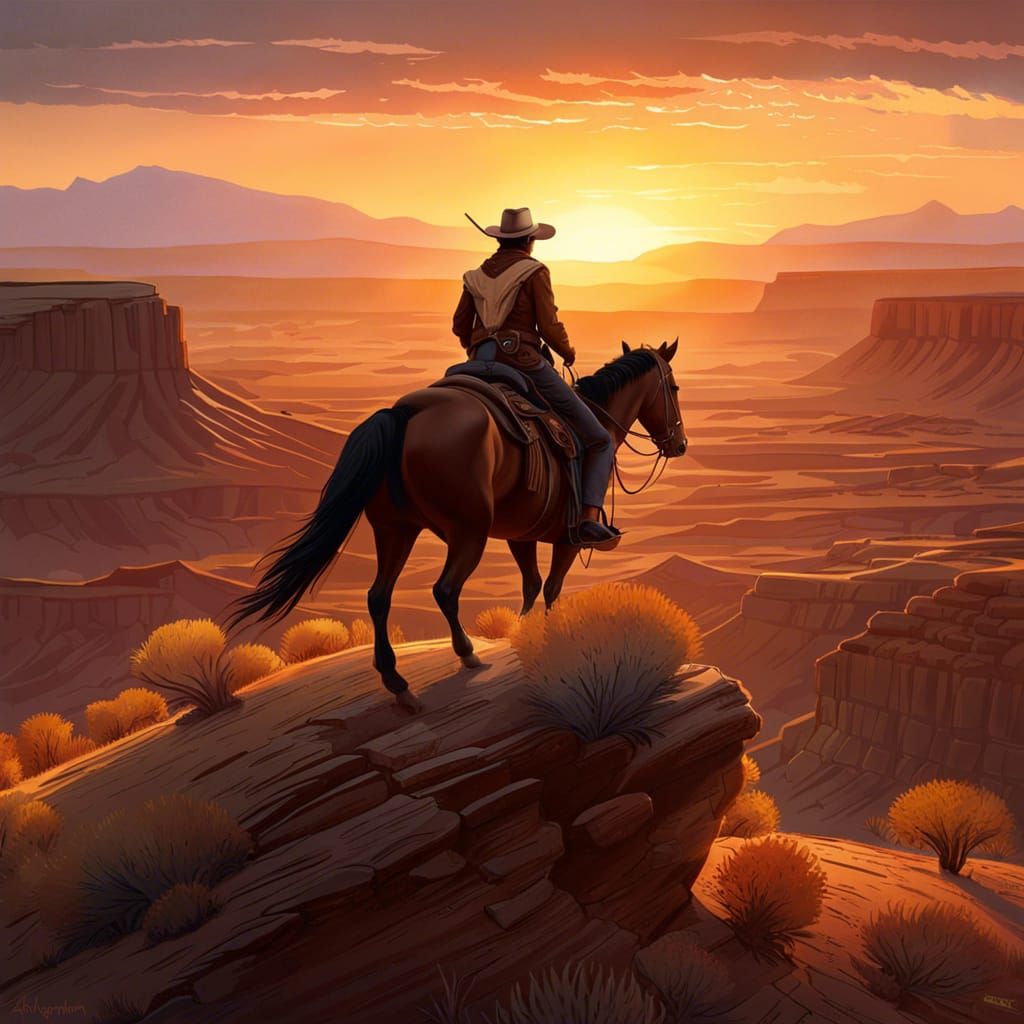 Cowboy Rides into Desert Sunset: Hyperrealistic Art