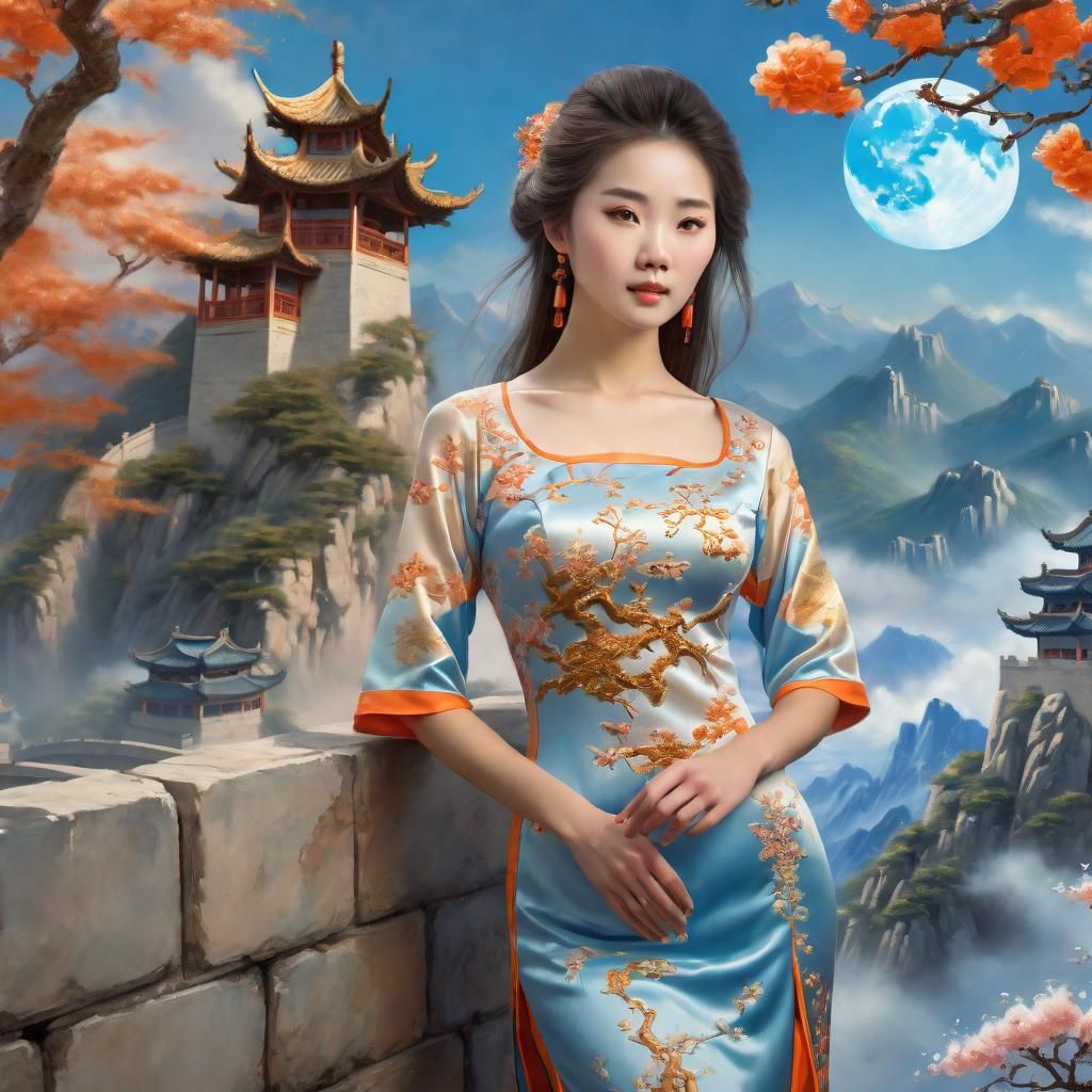 Chinese Woman on Great Wall in Ethereal Fantasy Style