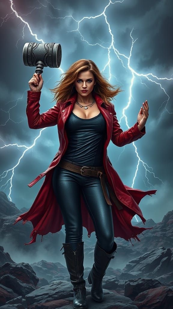 Curvy Goddess of Thunder Wields Mjolnir in Ominous Storm