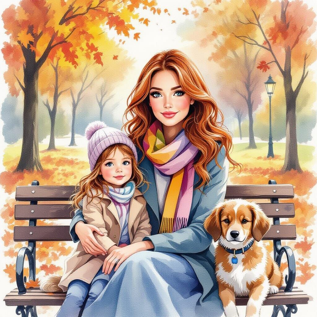 Redhead Woman With Blue Eyes, Daughter, Dog on Autumn Bench ...