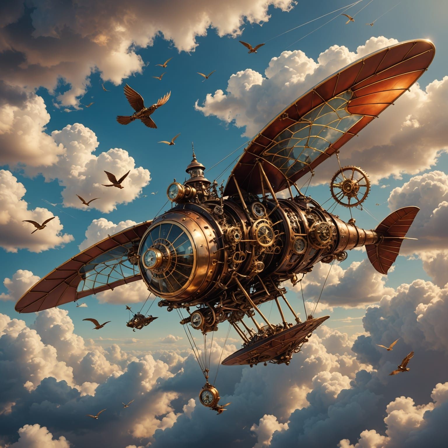 Steampunk Ornithopter Soars in Golden Skies