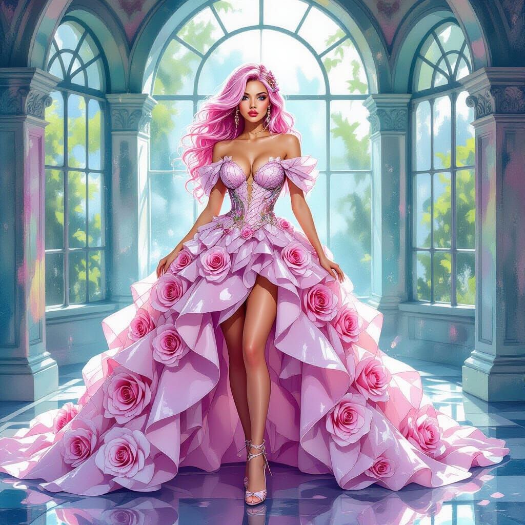 Glass Rose Gown: Surreal Watercolor Alcohol Ink Portrait