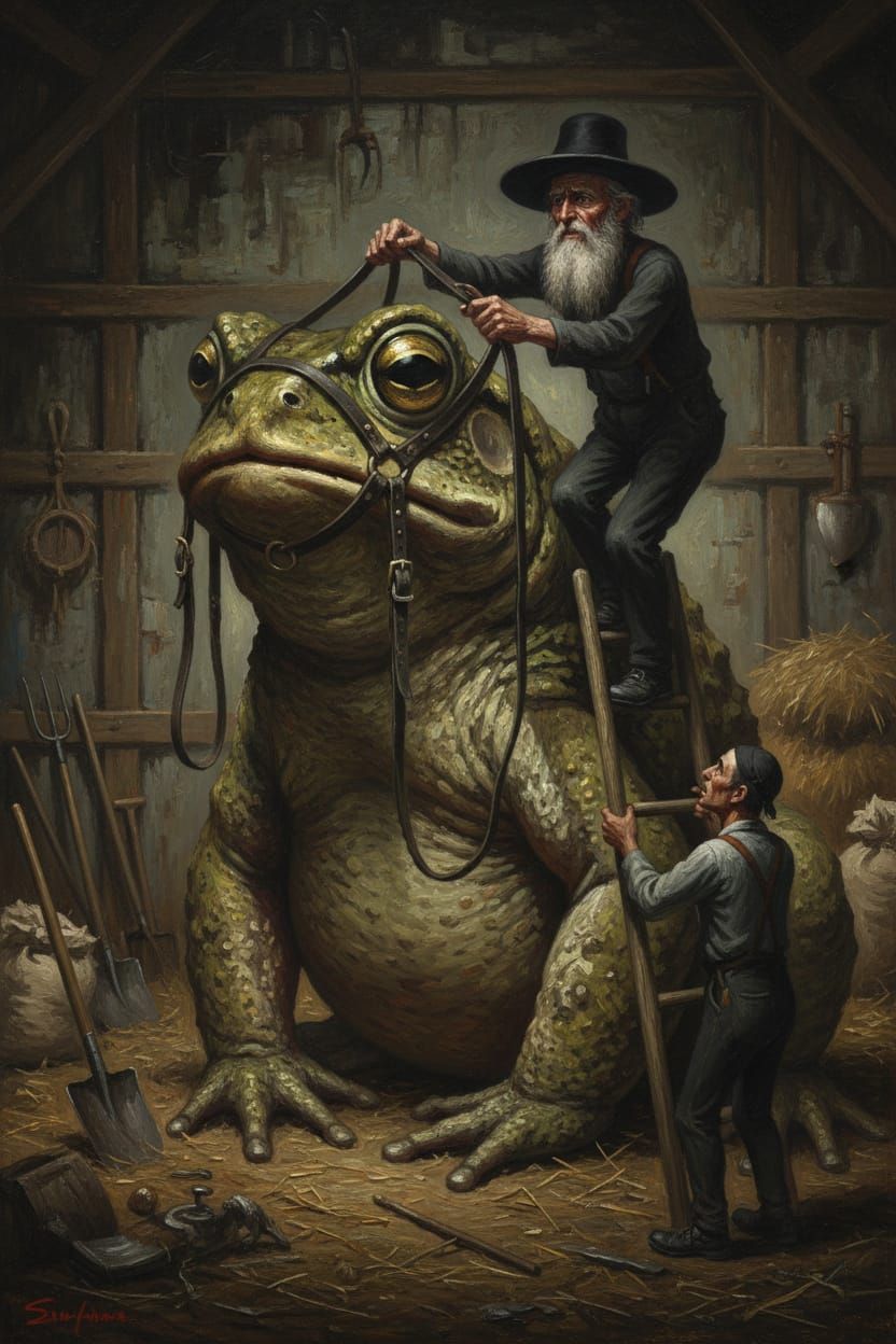 Amish Farmer with Giant Toad in Surreal Barn Painting