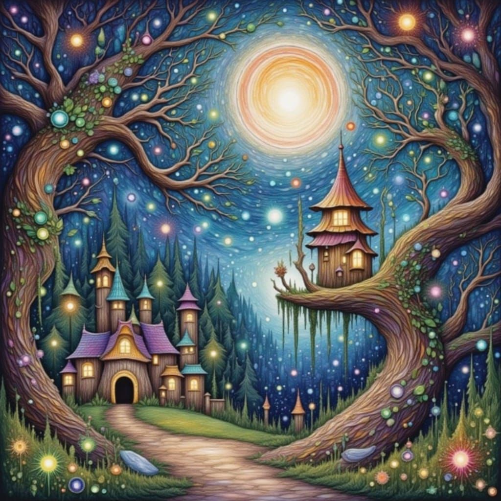 Fairy Village in Ancient Tree, Watercolor Painting