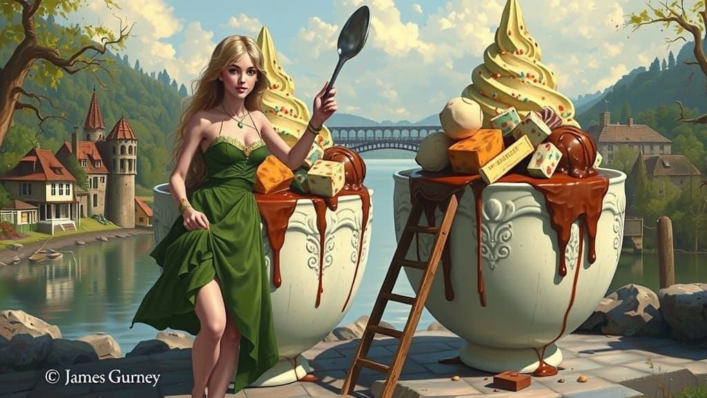 Fairy Woman with Giant Ice Cream Bowl by Lakeside