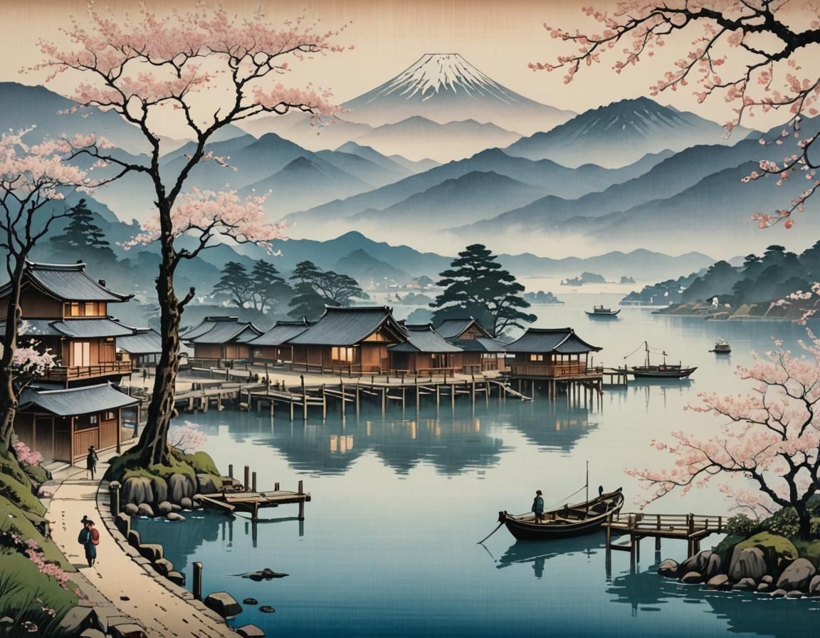 Tranquil Fishing Village in Japanese Woodblock Style