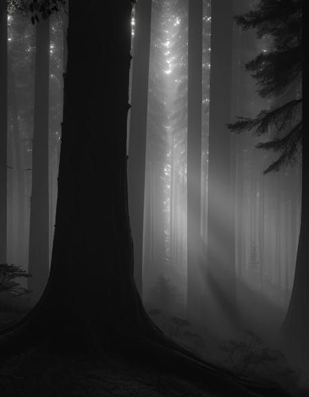 Majestic Dawn Forest Landscape in Black and White