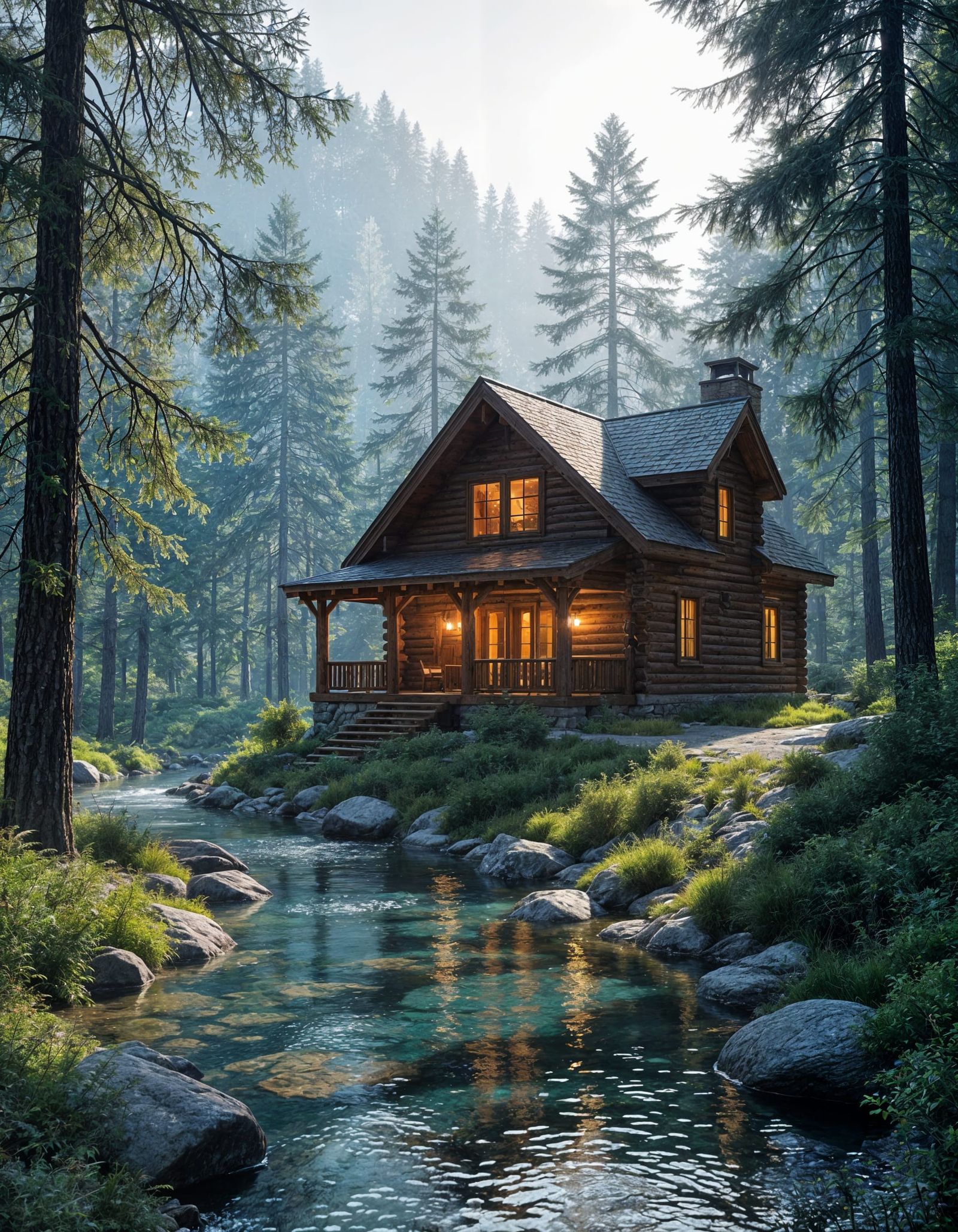 Montana Log Cabin in Misty Forest with God Rays