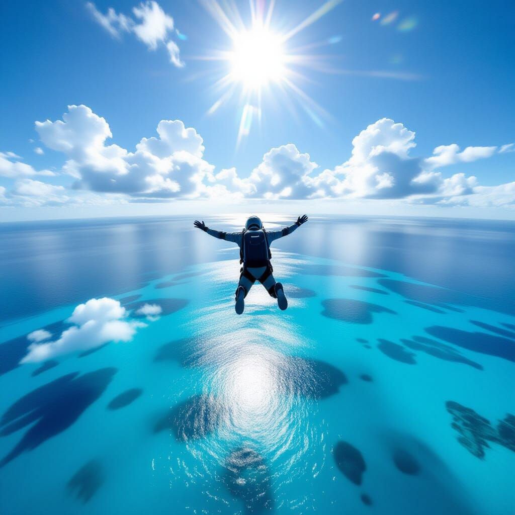 Photorealistic Man Skydiving Over Crystal Blue Sea