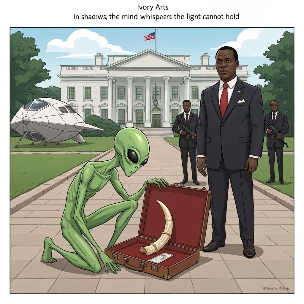 Cartoon Alien Submits Ivory Tusk at White House
